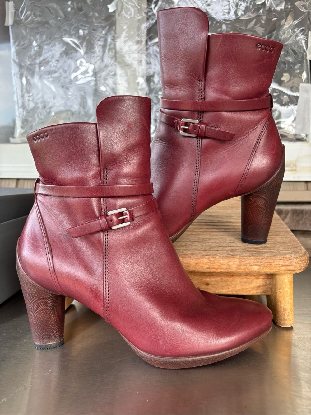 ECCO Women's Wine Red Leather Heel Ankle Boots
